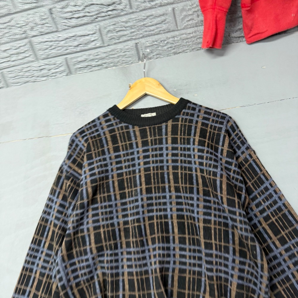 Linea Uomo Mens Plaid Crew‎ Neck Sweater Black Blue Brown Made in Italy Size L